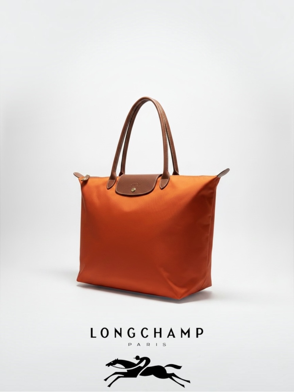 Longchamp Orange Nylon Tote with Brown Leather Handles